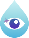 Illustration of a blue water droplet containing a stylized eye with a small purple star above it, symbolizing eye drops or eye hydration.