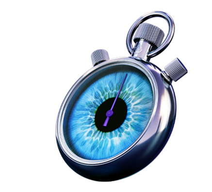 Close-up of a stopwatch with a blue eye design as the clock face