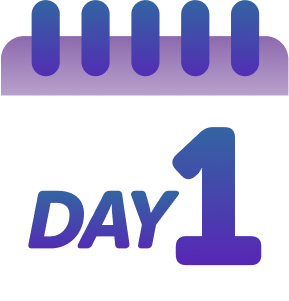 Illustration of a calendar page with a purple header and the text “DAY 1” in bold gradient letters, symbolizing the start of treatment or a new routine.