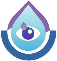 Illustration of a stylized eye with a purple drop above it, enclosed in a blue and purple water droplet shape with a curved blue arc below, symbolizing eye drop application.