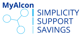 MyAlcon logo with a molecular-style icon and the words “SIMPLICITY, SUPPORT, SAVINGS” in blue text