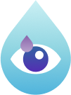 Illustration of a blue water droplet containing a stylized eye with a smaller purple droplet above it, symbolizing eye drops or eye hydration.