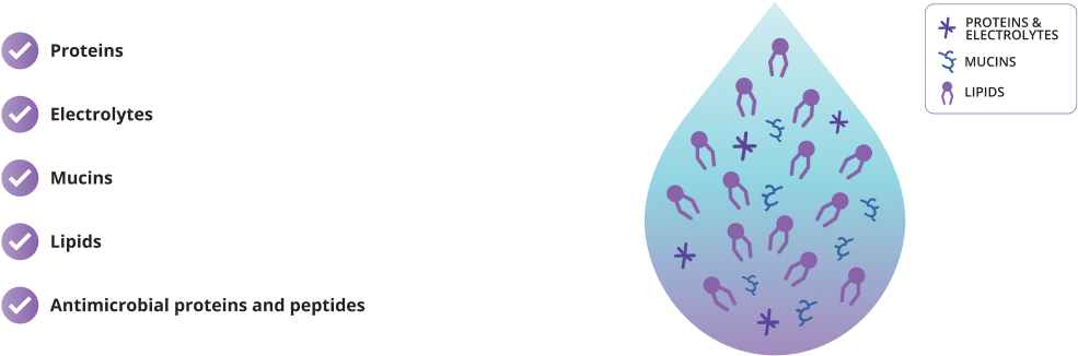 Illustration showing key components of natural tears, including proteins, electrolytes, mucins, lipids, and antimicrobial proteins. A labeled water droplet graphic visually represents each component with corresponding symbols.
