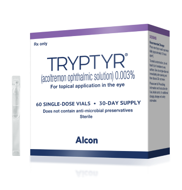 TRYPTYR (aclotremon ophthalmic solution) 0.003% packaging showing a 30-day supply of 60 single-dose vials for topical eye use. Box is labeled Rx only and branded with the Alcon logo.