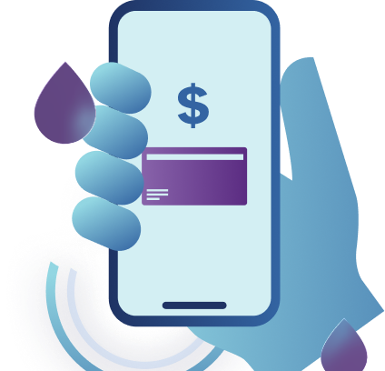 Blue and purple illustration showing a stylized hand holding a smartphone. The phone screen displays a dollar sign above a credit card icon, suggesting digital payments, billing, or financial transactions. Decorative tear-drop shapes and curved graphic elements surround the phone in a blue and purple color palette.