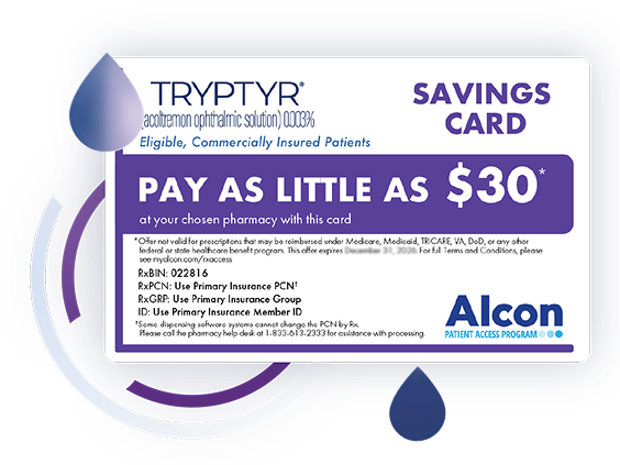 TRYPTYR savings card image with a teardrop icon and circular icons styled around it.