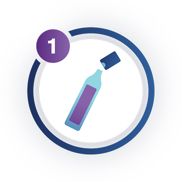 Icon of a single dose vial with the lid removed, and the number 1 above it to indicate step 1